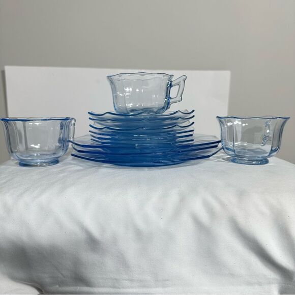 Cambridge Vintage Glass DECAGON Moonlight Blue Cups, Saucers & Plates Set 12 - Picture 3 of 16